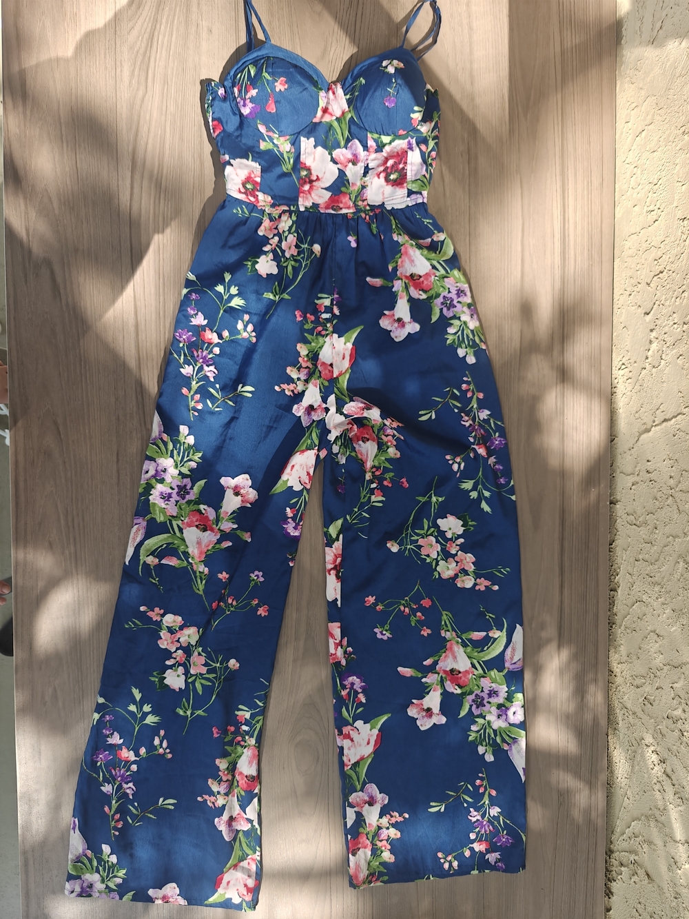 Floral Navy Green Strapless Jumpsuit with Spaghetti Straps S